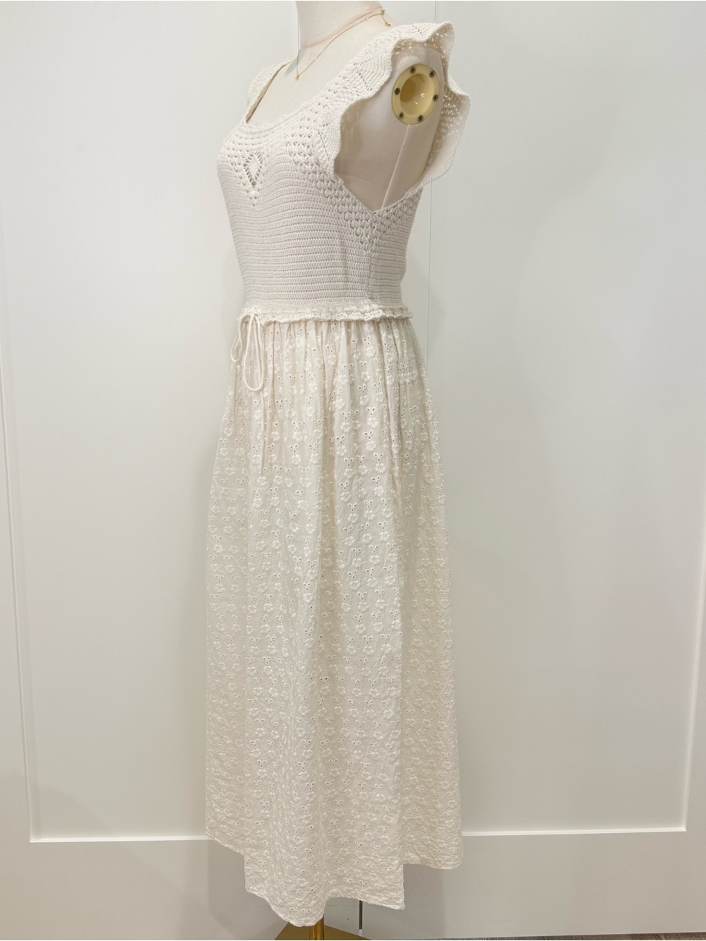 Zara Crochet Eyelet Midi Dress Cream XS Beachy Boho Cottagecore Vacay Hippie - Picture 7 of 9